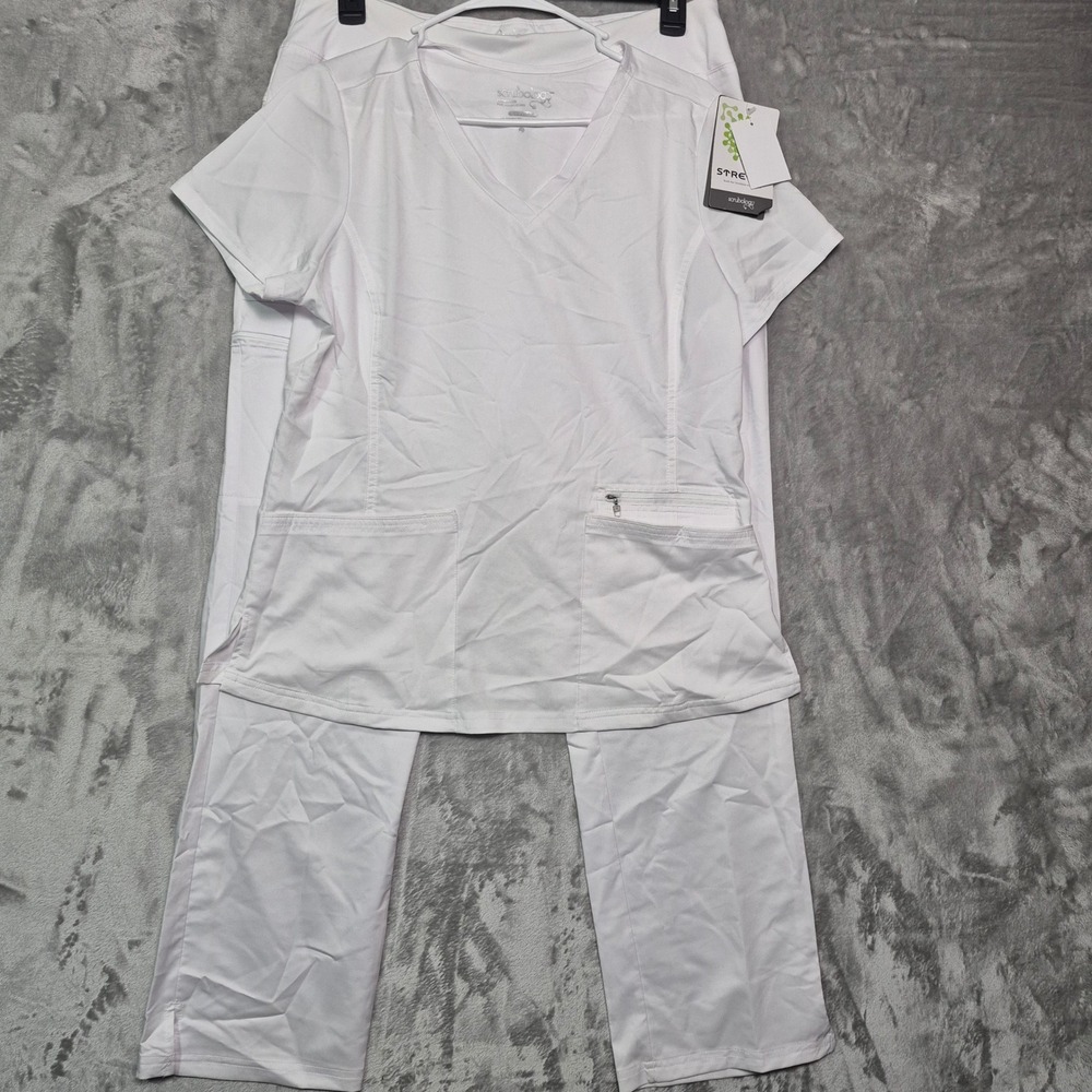 Scrubology Stretch White Scrub Set V-Neck Top Yoga Pants Size L
